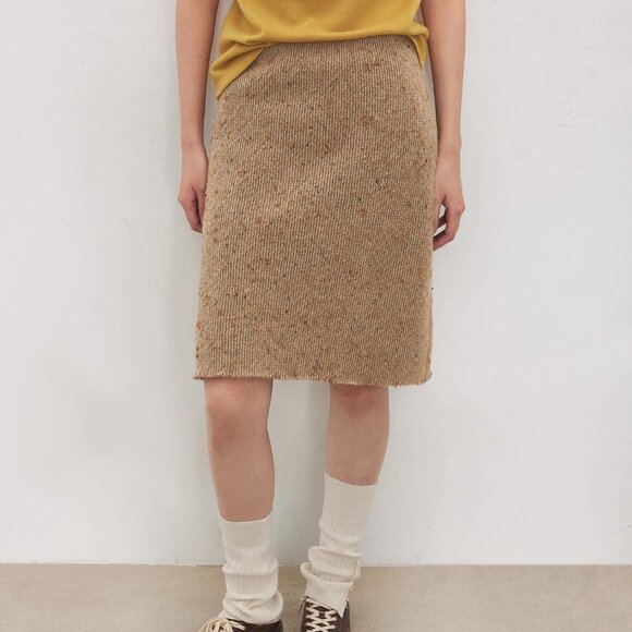 CHICJOC Italian Wool Tweed Speckled A-Line Skirt Luxury Textured Tweed Mid Skirt - Picture 3 of 11